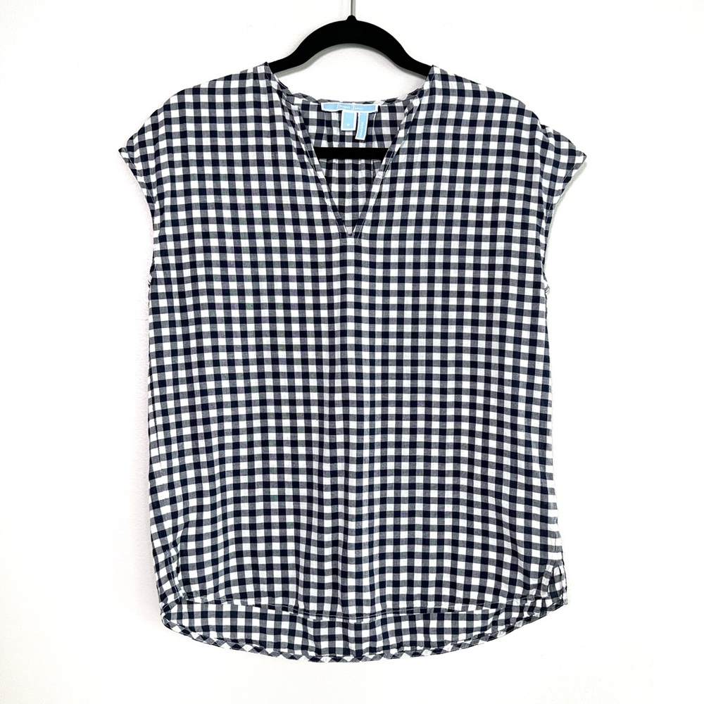DRAPER JAMES 100% Cotton Gingham Split Neck Top in Nassau Navy size Small